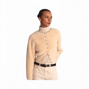 J. Crew Fuzzy Cardigan Cream Gold Button Cropped Cozy Sweater Size‎ M MSRP $178